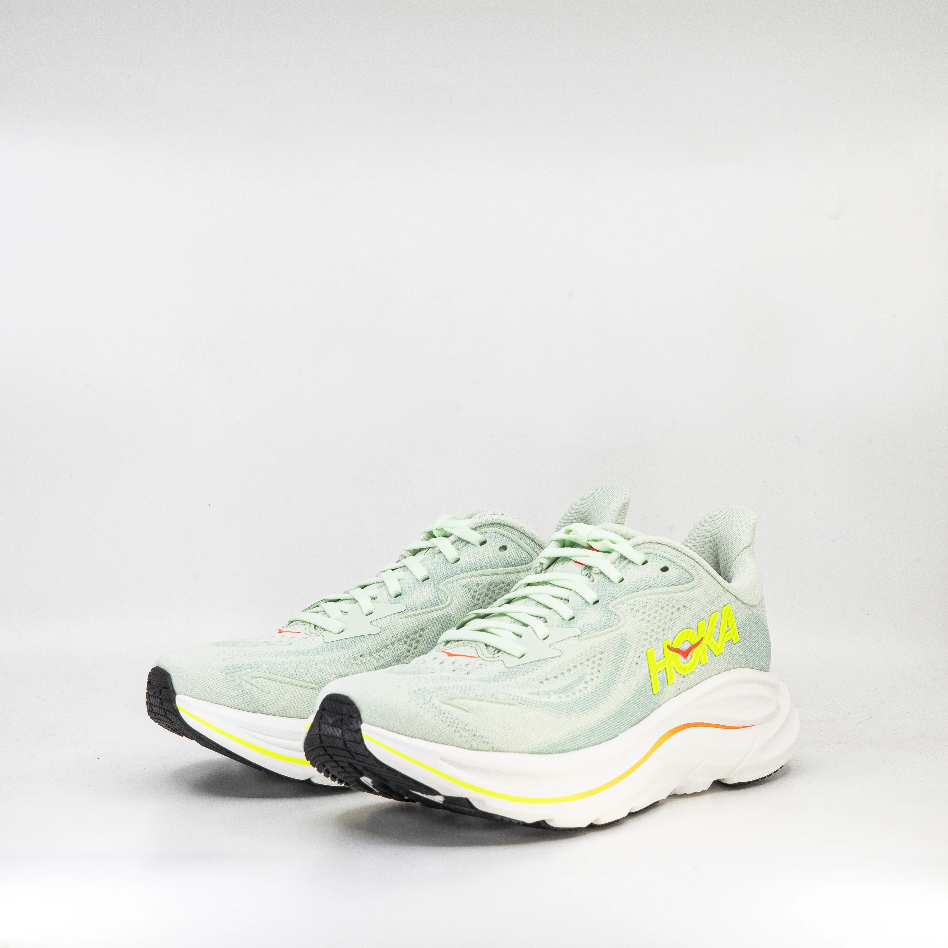 Hoka Clifton 10 (D wide) Womens Sea Glass/ Neon Flame