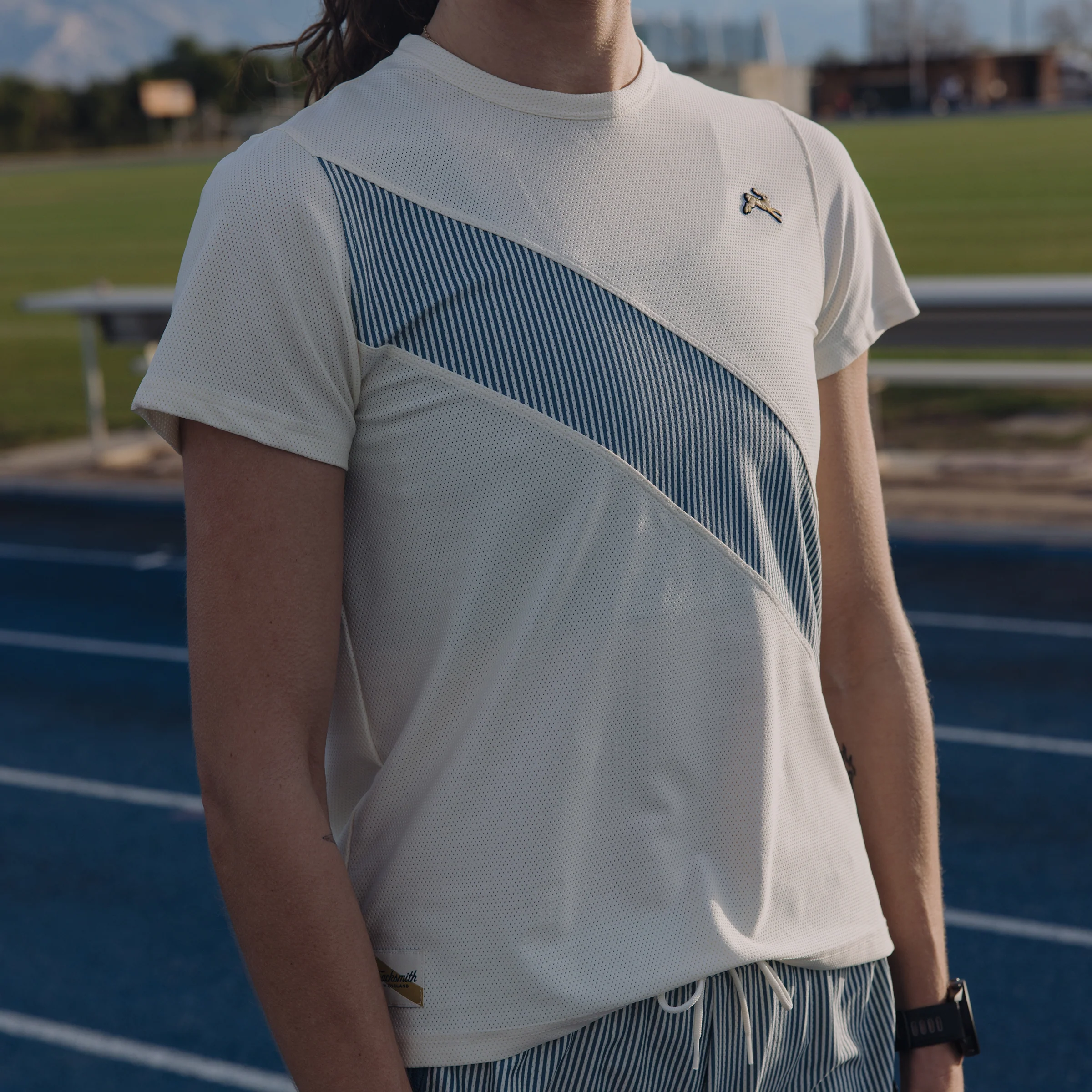 Tracksmith Van Cortlandt Tee Womens Ivory/Bering Sea Stripe - Image 2